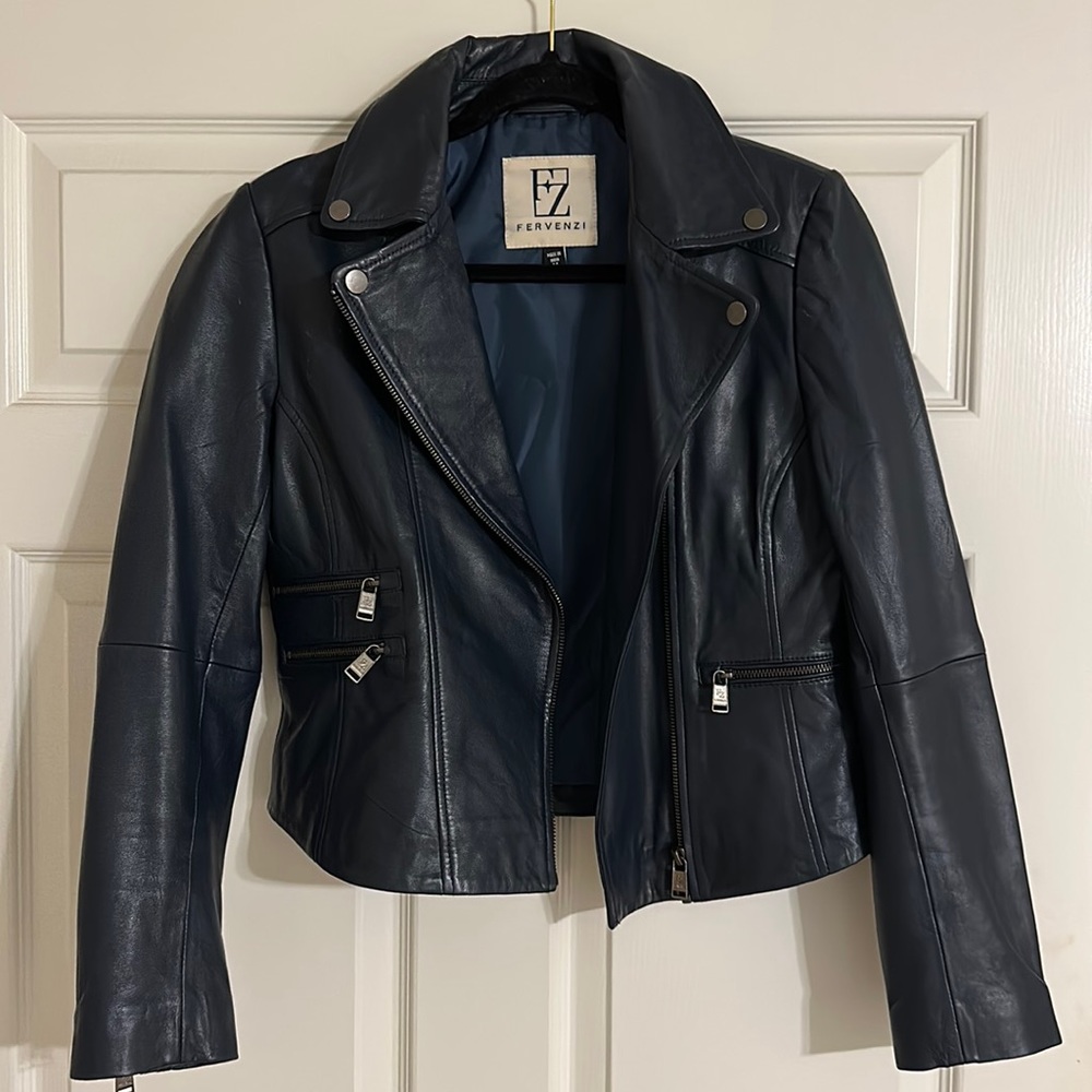 FERVENZI leather dark blue jacket size medium